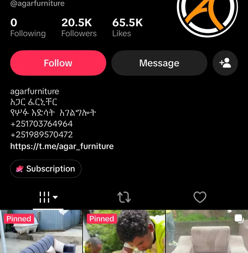 The Agar Furniture TikTok profile, showing 20.5K followers and 65.5K likes.