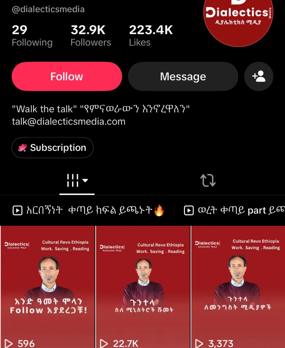 The Dialectics Media TikTok profile, showing 32.9K followers, 223.4K likes and a video with 22.7K views.
